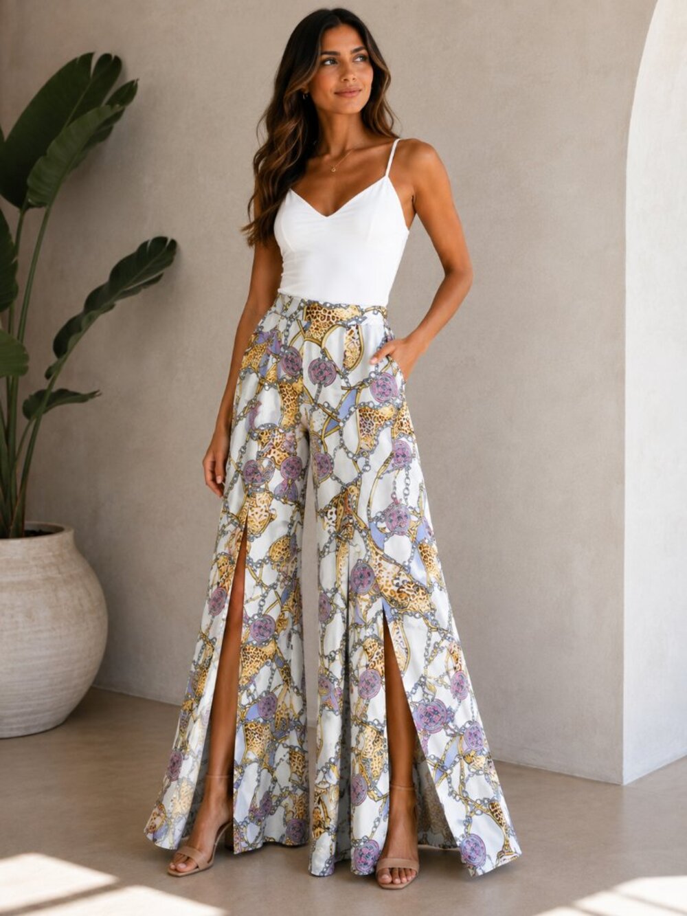 Mad For Love Wide Leg Split Front Pants Chain Leopard Print S